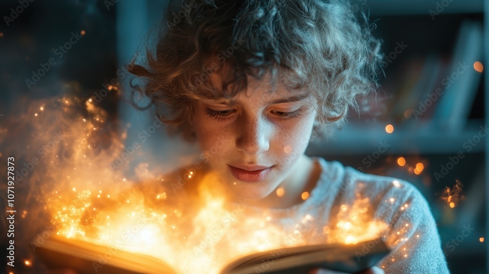 Poster a young child gazes in awe at an open book that glows with magic and light, creating a sense of wond