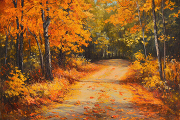 Fototapeta premium Peaceful Path Through Vibrant Autumn Foliage