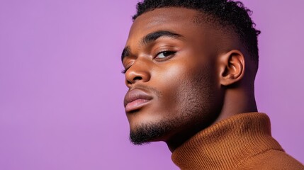 Obraz premium Man in turtleneck with moody expression looks away from the camera, set against bold, contrasting colors, creating a dramatic visual impact.