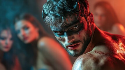 A captivating figure with devilish features and dark paint stares intensely back, with an otherworldly vibe. The scene is haunting, focusing on captivating expression.