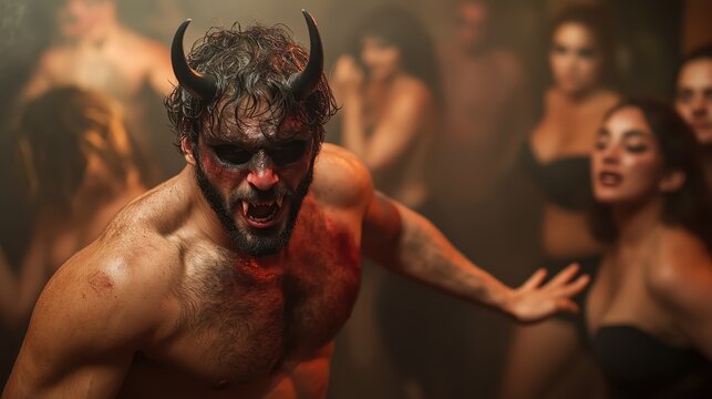 A menacing figure with horns, covered in paint, roars surrounded by shadowy figures at a mysterious gathering. The atmosphere is dramatic and intense, capturing chaos.