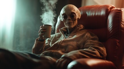 Fototapeta premium An alien character is comfortably seated in an armchair, savoring a warm beverage, creating a scene of unexpected familiarity and otherworldly calm.