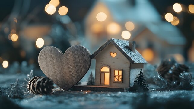 温かみのある家と木製のハート