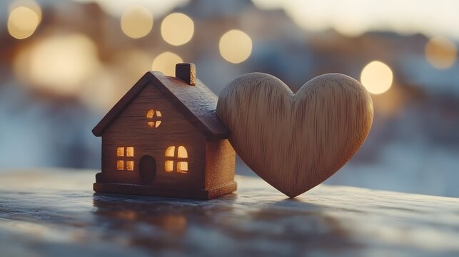 温かみのある家と木製のハート