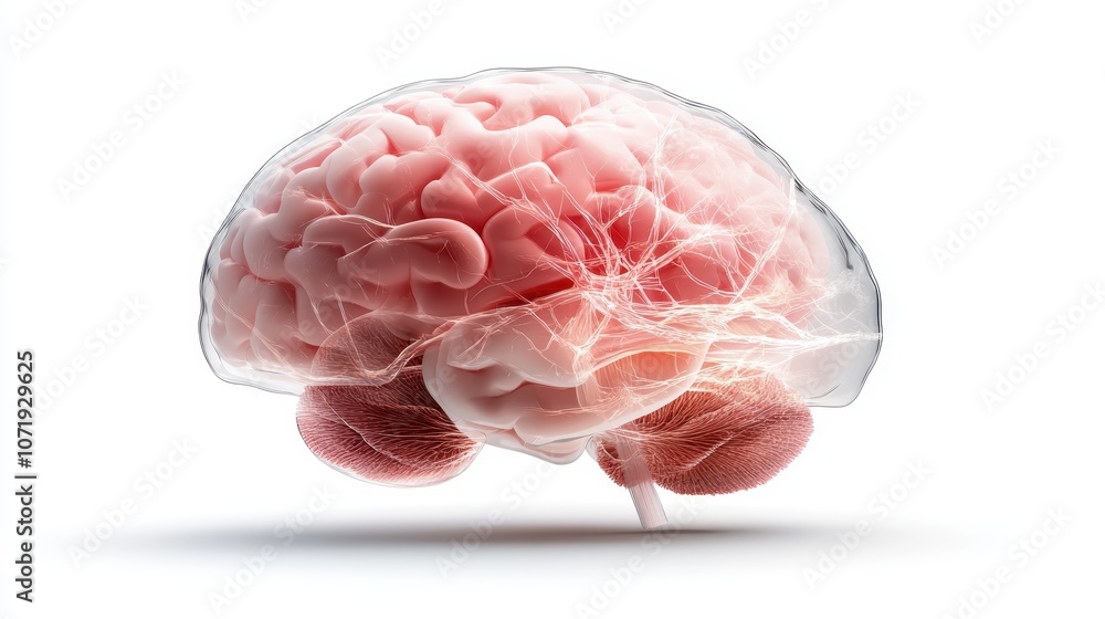 Poster a highly detailed depiction of the human brain intertwined with a complex neural network, illustrati