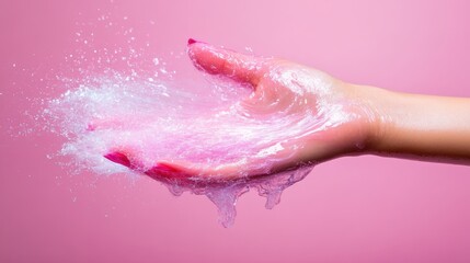 Fototapeta premium A hand with vivid pink nail polish holds and splashes water against a bright pink background, creating a dynamic and refreshing visual impact in the image.