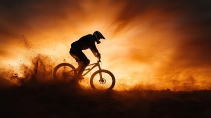 Obraz premium A silhouetted biker cycles through a cloud of dust against a stunning sunset, capturing the essence of adventure and freedom in a high-energy sporting scene.