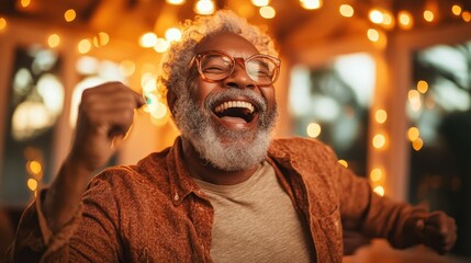 Obraz premium An elderly man wearing glasses, beaming with laughter in a warmly lit environment, exuding happiness and joy during a celebration or festive gathering.