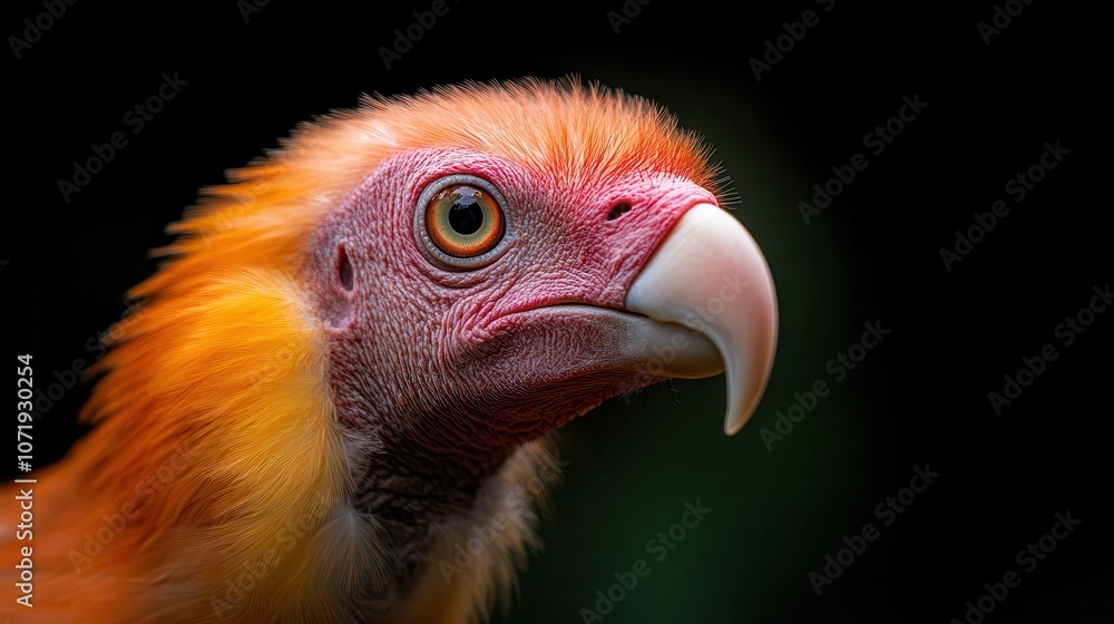 Poster a detailed close-up of a colorful bird displaying vivid orange feathers and a focused gaze against a