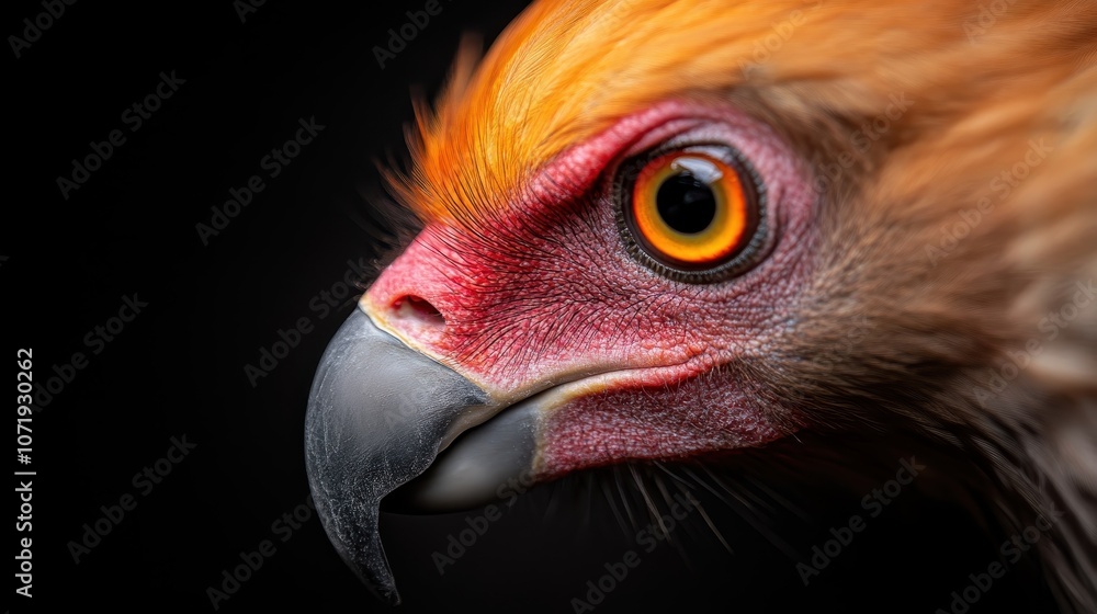 Poster a side-profile view of an exotic bird, showcasing its intense orange feathers and sharp gaze. the im