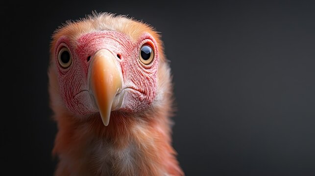A front-facing perspective of an unusual bird with a curious expression, characterized by unique features and soft tones. The composition highlights texture and form.