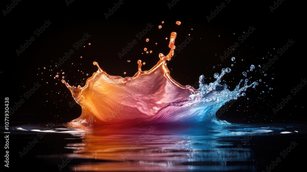 Poster A dynamic and colorful splash in water represents the vivid interplay of warm hues, creating a captivating visual spectacle of fluid motion and contrast.