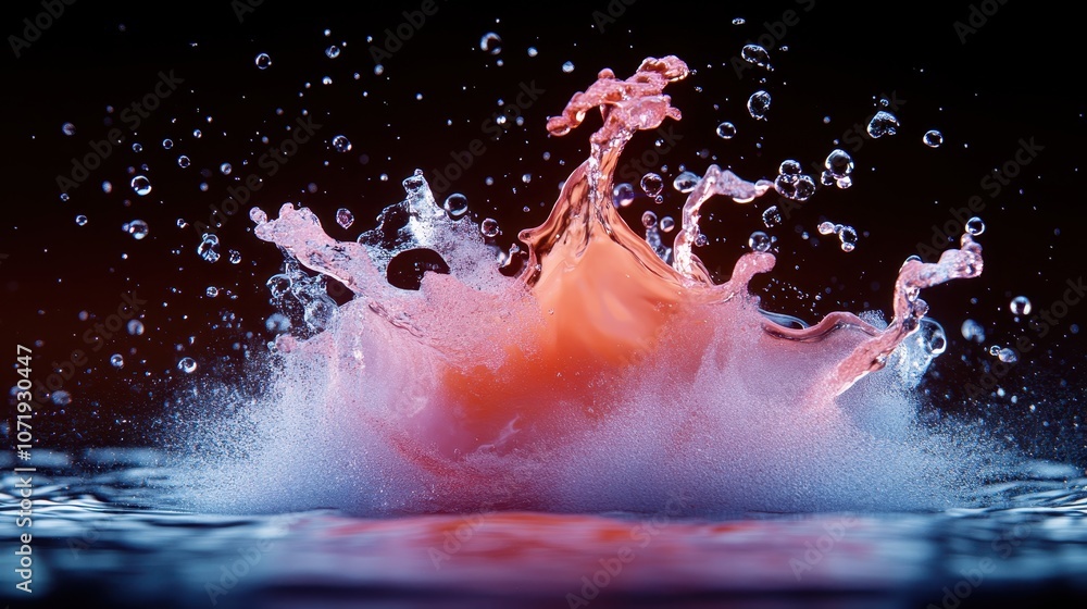 Poster a dynamic splash in vibrant pink explodes with colorful droplets, capturing the essence of motion an