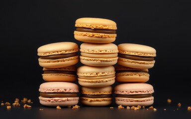 A stack of chocolate-filled macarons rests on a black surface