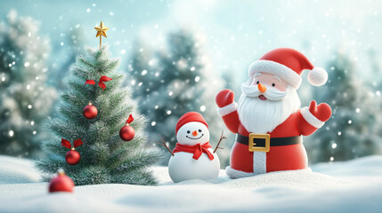 Fototapeta premium Santa Claus and Snowman Cartoon Spreading Christmas Cheer.Cute Christmas Cartoon: Santa and Snowman in Winter Wonderland.A Whimsical Christmas Cartoon Scene