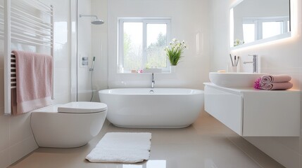 Fototapeta premium Bright and Modern Bathroom Interior with Sleek Bathtub, Elegant Fixtures, Soft Towels, Minimalist Design, and Abundant Natural Light from Large Window