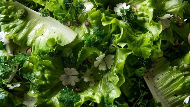 Close up of a fresh green salad with herbs and flowers, showing the vibrant colors and textures of the ingredients. The salad is dressed with a light vinaigrette and sprinkled with black pepper