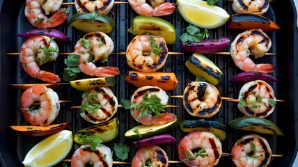 Spicy Cajun shrimp skewers with grilled vegetables, lemon wedges, and fresh herbs on dark grill pan