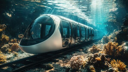 A futuristic underwater train travels through a vibrant coral reef.