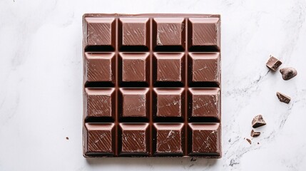 Obraz premium 68.Overhead shot of a chocolate bar against a white backdrop, showcasing its intricate design and smooth finish with a minimalist aesthetic