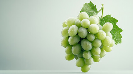 A bunch of frosted green grapes hangs elegantly with lush green leaves, creating a fresh and vibrant visual on a soft, neutral background.