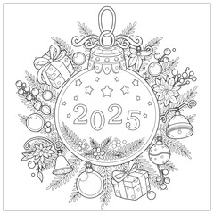 Premium vector. Ball souvenir with leaf and gift boxes around for year 2025. Learning and education coloring page illustration for adult and children. Vector outline style, black and white drawing. 