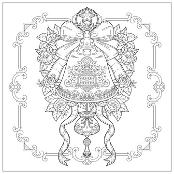 Premium vector. Bell souvenir with leaf and flower and beautiful border. Learning and education coloring page illustration for adult and children. Vector outline style, black and white drawing. 