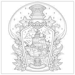 Premium vector. Beautiful bottle souvenir with ship and water inside it. Learning and education coloring page illustration for adult and children. Vector outline style, black and white drawing. 