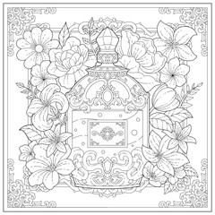 Premium vector. Beautiful bottle perfume with flower and leaf ornament. Learning and education coloring page illustration for adult and children. Vector outline style, black and white drawing