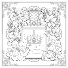 Premium vector. Beautiful bottle perfume with flower and leaf ornament. Learning and education coloring page illustration for adult and children. Vector outline style, black and white drawing