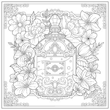 Premium vector. Beautiful bottle perfume with flower and leaf ornament. Learning and education coloring page illustration for adult and children. Vector outline style, black and white drawing