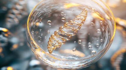 82.Close-up view of a DNA strand floating in a clear glass, with the double helix prominently displayed, emphasizing the concept of genetic research and science