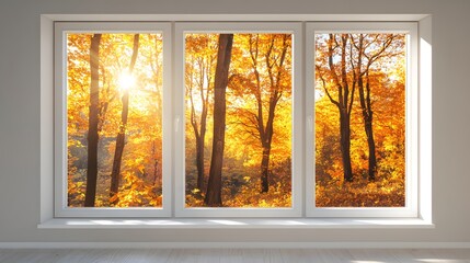 Autumn Forest View Through Window with Sunlight