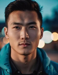 Fototapeta premium A young man with a confident expression poses against a backdrop of colorful lights at night in urban setting. A resident of Kazakhstan, a cute man of 25 years old. Student or applicant. AI generated