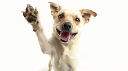 Happy Dog Raising Paw in Playful Portrait