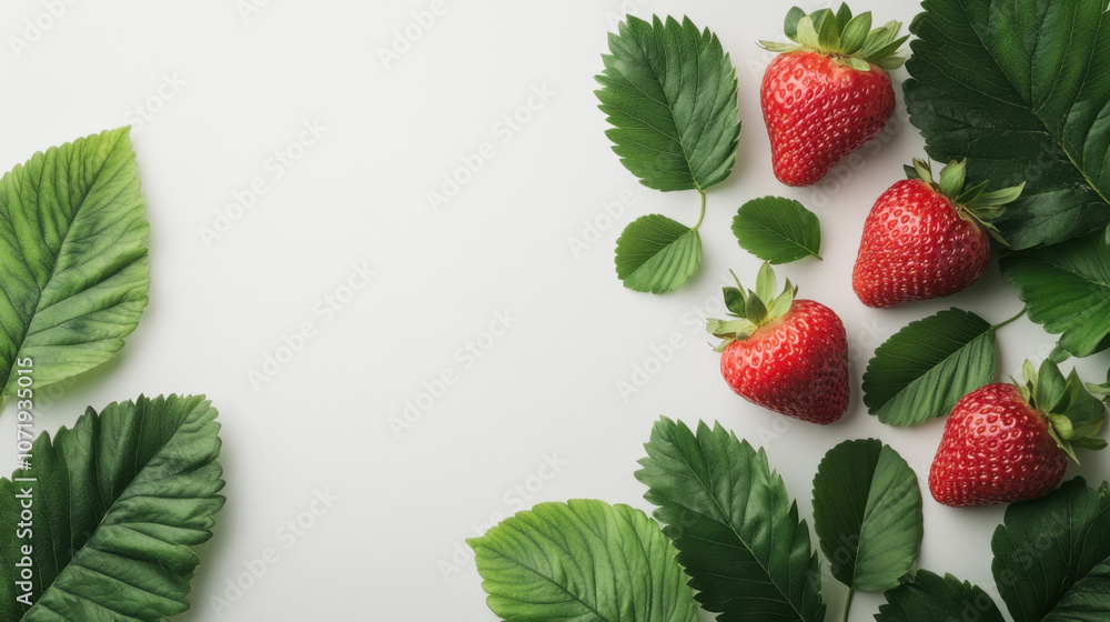 Poster fresh red strawberries with vibrant green leaves arranged on a light surface, creating a colorful an