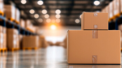 Large warehouse interior with rows of shelving stacked high with cardboard boxes and packages. Focus on foreground boxes, blurred background storage racks.