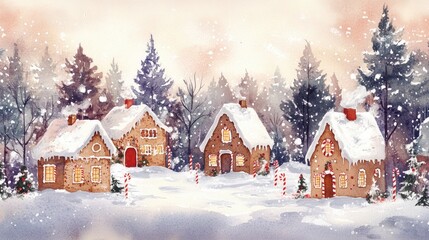 Fototapeta premium A charming gingerbread village nestled amongst a snowy forest.