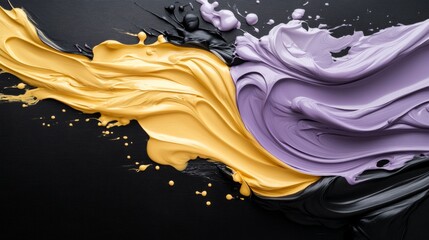 Thick yellow and purple paint swirls dynamically against a black background, depicting an abstract...