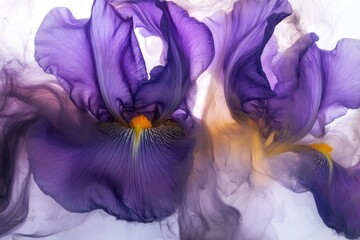 Art iris in rich purples and yellows, each petal curling like smoke in an elegant, abstract composition