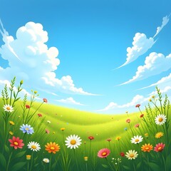Summer Meadow with Blue Sky and White Clouds
