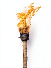 Flaming torch with a wooden handle, isolated on white background.