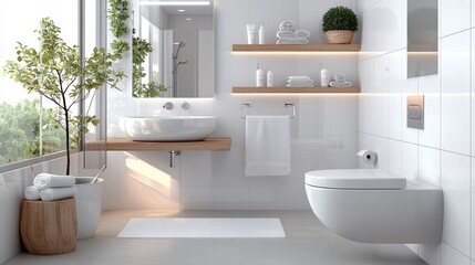 Modern Bathroom Design Featuring Elegant White Fixtures, Natural Light, Wooden Elements, and Minimalist Decor for a Serene and Inviting Atmosphere