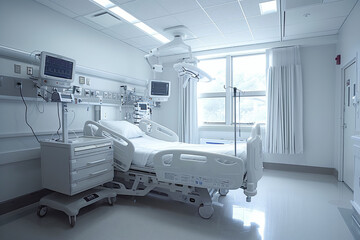 A clean, modern hospital room featuring a medical bed, monitors, and essential equipment, creating a sterile and well-equipped healthcare environment.