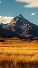 Breathtaking mountains with golden grasslands under a blue sky.