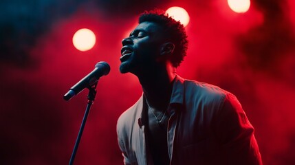 Passionate male singer performing under vibrant red stage lights and microphone