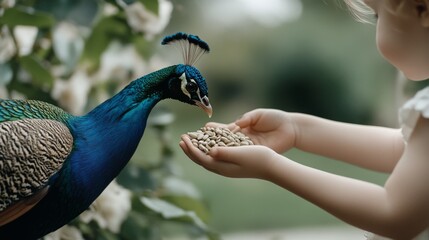 A child gently offers seeds to a vibrant peacock amid lush foliage, capturing a moment of awe and connection in a sunlit garden.