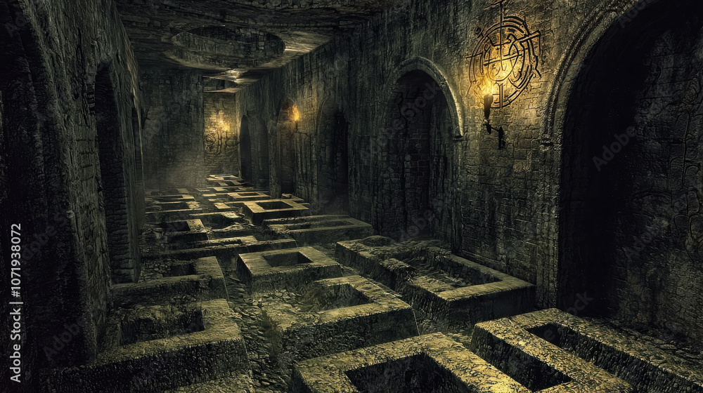 Poster dark and mysterious underground maze with stone walls, flickering lanterns, and intricate symbols il