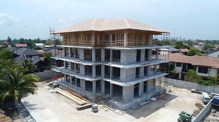 Obraz premium Urban construction site featuring a modern multi-story building under development.