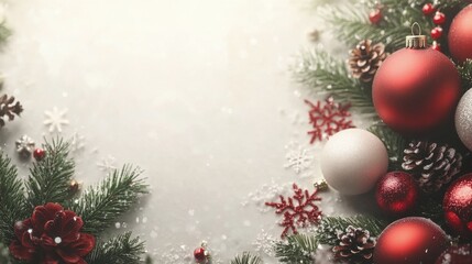 A beautiful arrangement of red ornaments surrounded by frosty leaves and berries, creating a festive atmosphere perfect for celebrating the winter holidays.